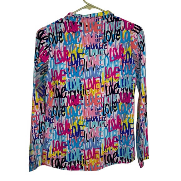 IBKUL Love Print Mock Neck Sun Shirt XS Mesh Underarm Cooling Athleisure - Picture 3 of 5